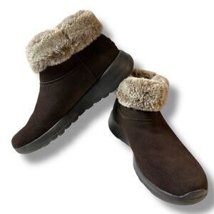 Skechers On The Go Joy Chocolate Brown‎ Faux Fur Trim Ankle Winter Boots Women 7